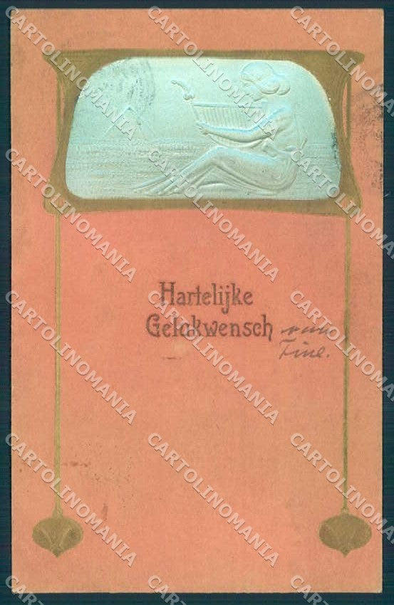 Artist Signed Lady Art Nouveau Harp Relief postcard TW2111 – fronte
