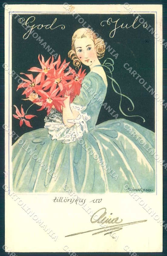Artist Signed Adina Sand Fashion Lady Christmas Flower TEAR postcard TW2114 – fronte