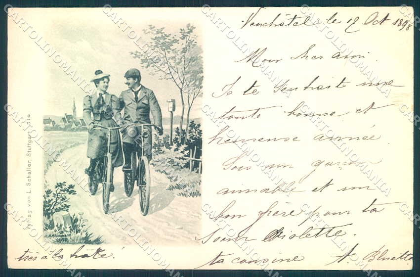 Artist Signed Hildenbrand Lady Bicycle Couple serie 314 postcard TW2138 – fronte