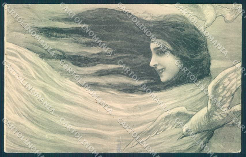 Artist Signed Patella ? Lady Art Nouveau Wind Bird REPAIRED postcard TW2142 – fronte