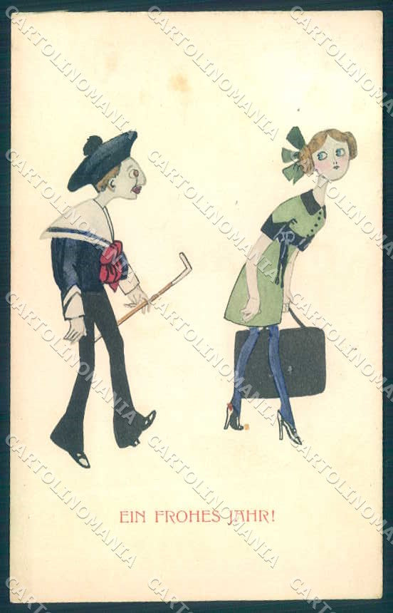 Artist Signed Lady Man New Year HC Vienne 219 cartolina postcard TW2150 – fronte