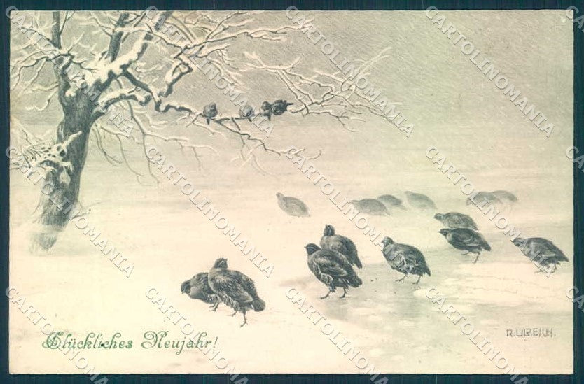 Artist Signed R. Ulreich Bird Snow New Year MM Vienne 472 PIN HOLE pc TW2209 – fronte