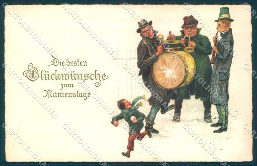 Greetings Namenstage Man Playing Instruments Pittius CREASED postcard TW2211 – fronte