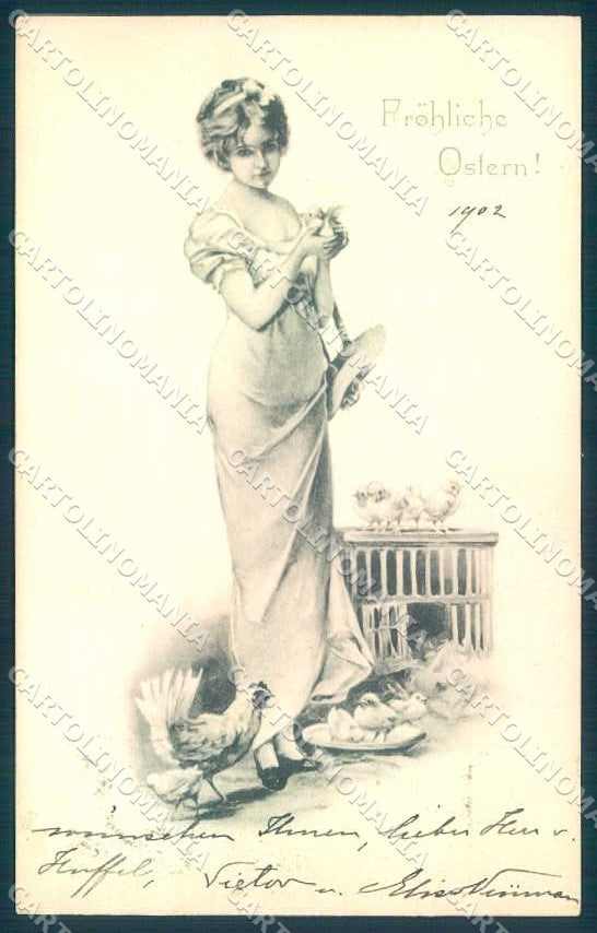 Greetings Fashion Lady Easter Hen Chick cartolina postcard TW2231 – fronte