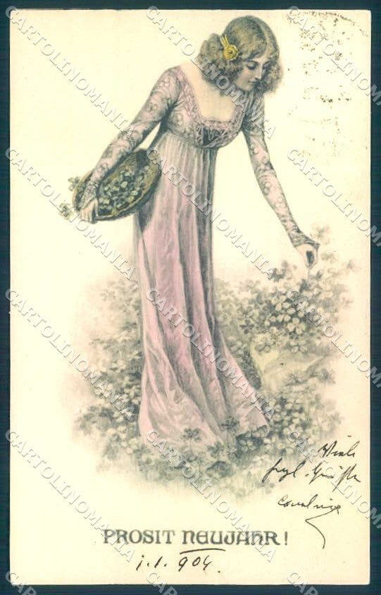 Greetings Fashion Lady New Year Four Leaf Clover TSN 339-8 postcard TW2232 – fronte