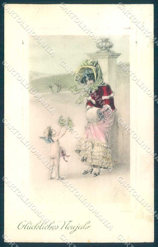 Greetings Fashion Lady Cupid New Year Viennoise PTL 121 postcard TW2234 – fronte