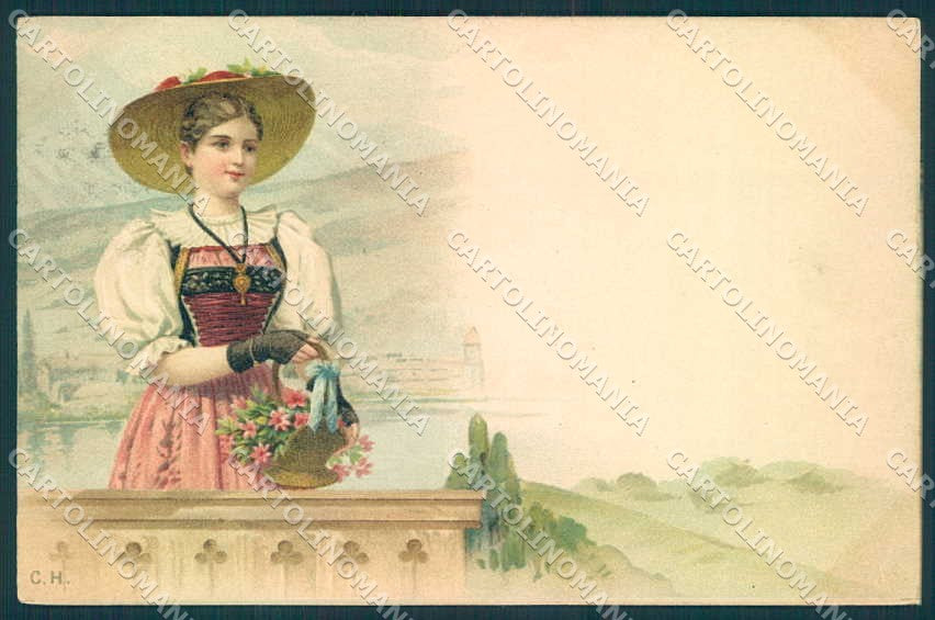 Artist Signed C.H. Lady Flower Swiss Schweiz cartolina postcard TW2287 – fronte