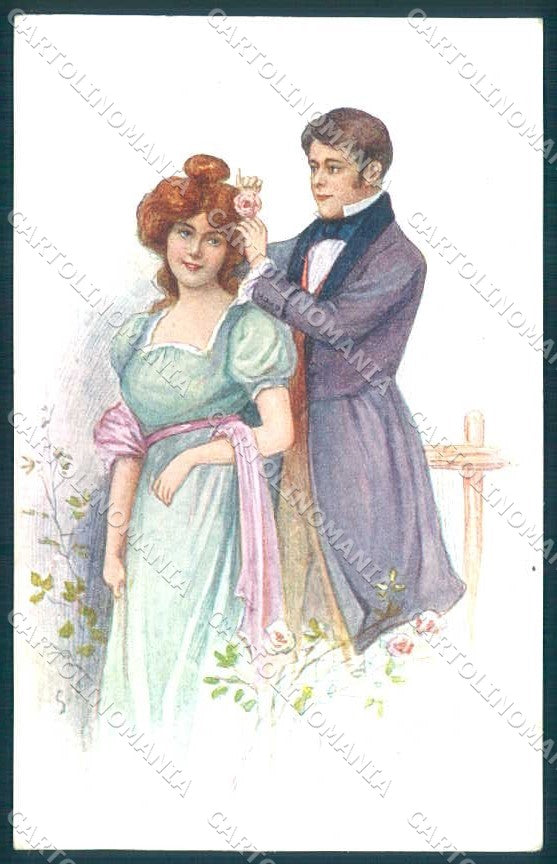 Artist Signed Lady Romantic Couple Flower cartolina postcard TW2295 – fronte
