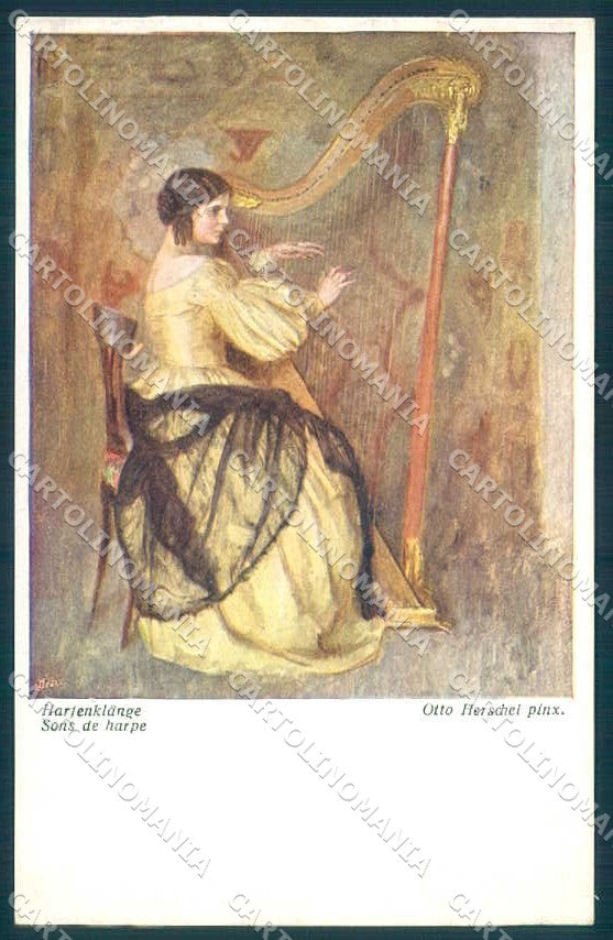 Artist Signed Otto Herschel Lady Playing Harp BKWI 1714 postcard TW2296 – fronte