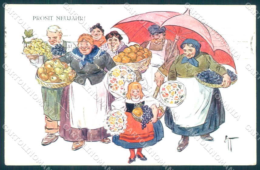 Artist Signed People Fruit New Year serie 109 CREASED cartolina postcard TW2320 – fronte