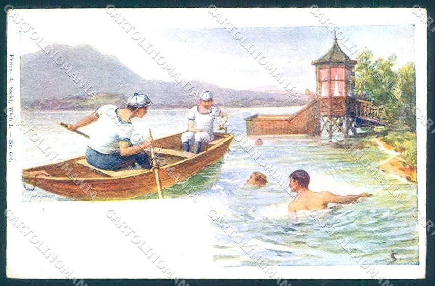 Artist Signed Josef Straka Man Swimming Boat Sockl 606 cartolina postcard TW2322 – fronte