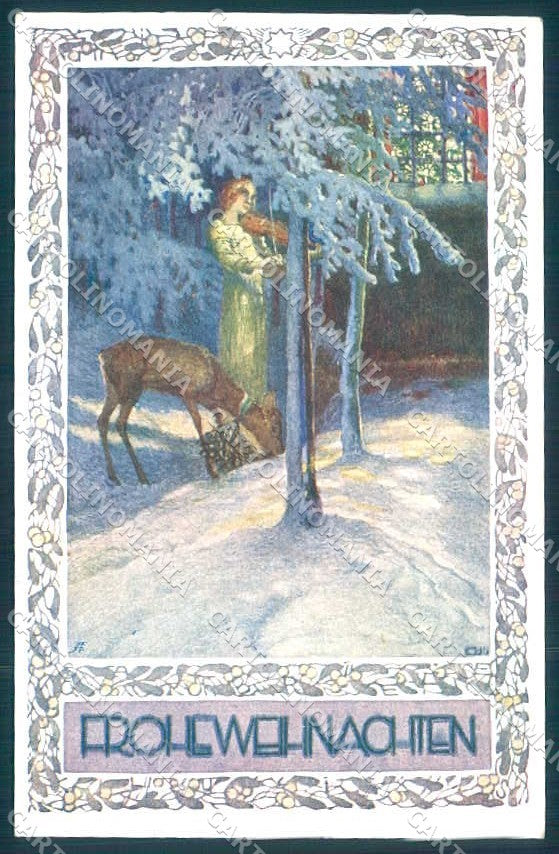 Artist Signed Lady Violin Christmas Roe Mistletoe Vereines Sudmark 379 pc TW2331 – fronte