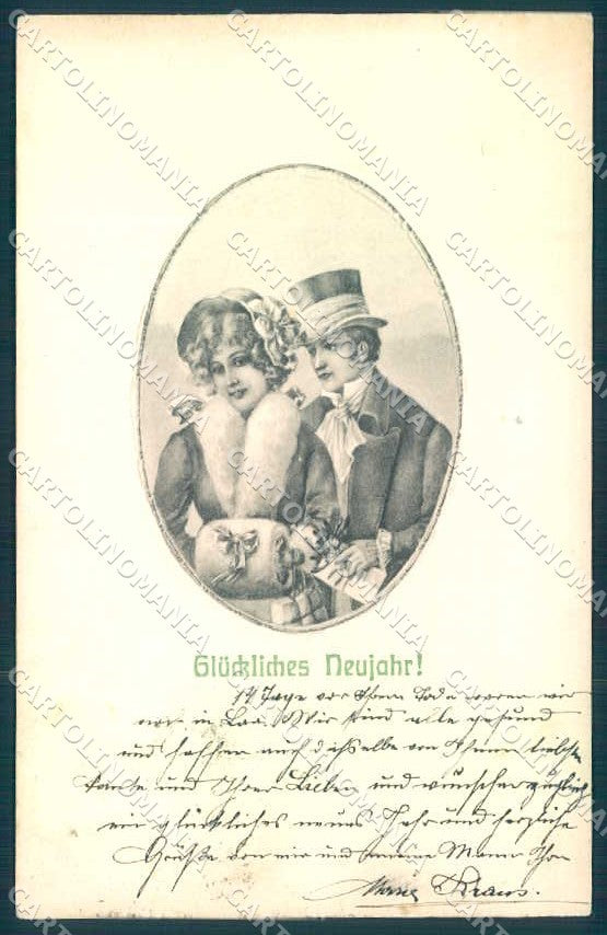 Artist Signed Lady Romantic Couple New Year Viennoise VK Vienne 5042 pc TW2332 – fronte