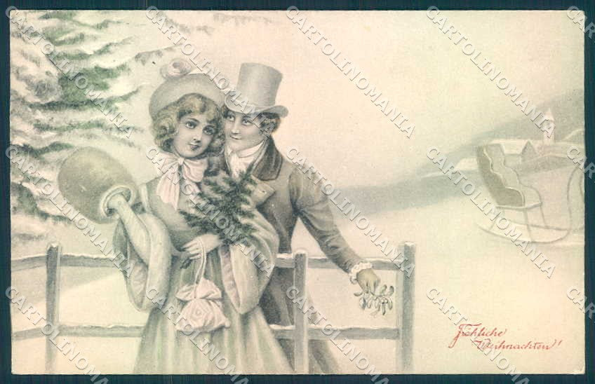 Artist Signed Lady Romantic Couple Sleigh Christmas VK Vienne 5017 pc TW2333 – fronte