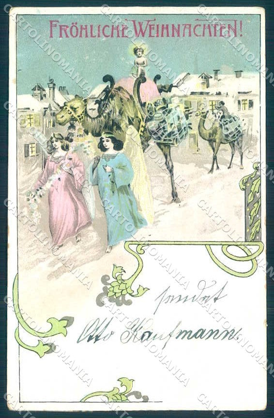 Greetings Baby Jesus Angel Camel Christmas serie W3 postcard TW2337 – fronte