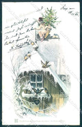 Artist Signed E. Dolker Christmas Tree Angel Cupid Snow Bird UNGLUED pc TW2338 – fronte