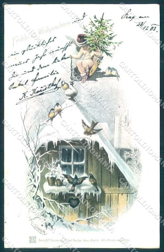 Artist Signed E. Dolker Christmas Tree Angel Cupid Snow Bird UNGLUED pc TW2338 – fronte