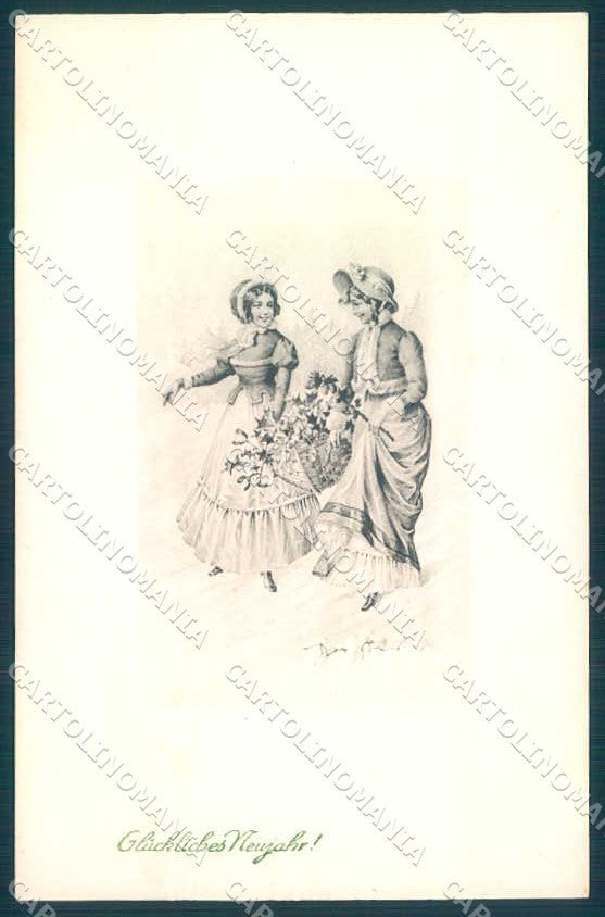Greetings Lady Flower New Year Viennoise PTL 2222 cartolina postcard TW2345 – fronte