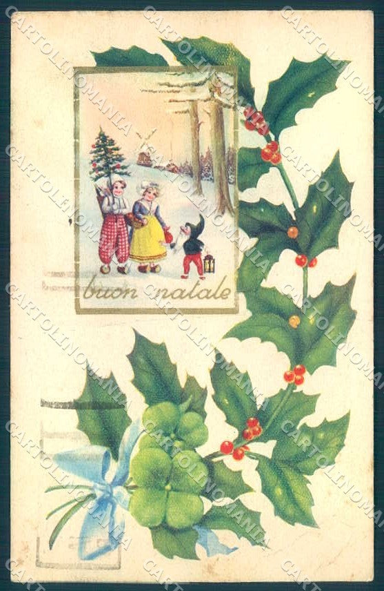 Artist Signed Collino ? Christmas Gnome Child Four Leaf Clover CREASES pc TW2349 – fronte