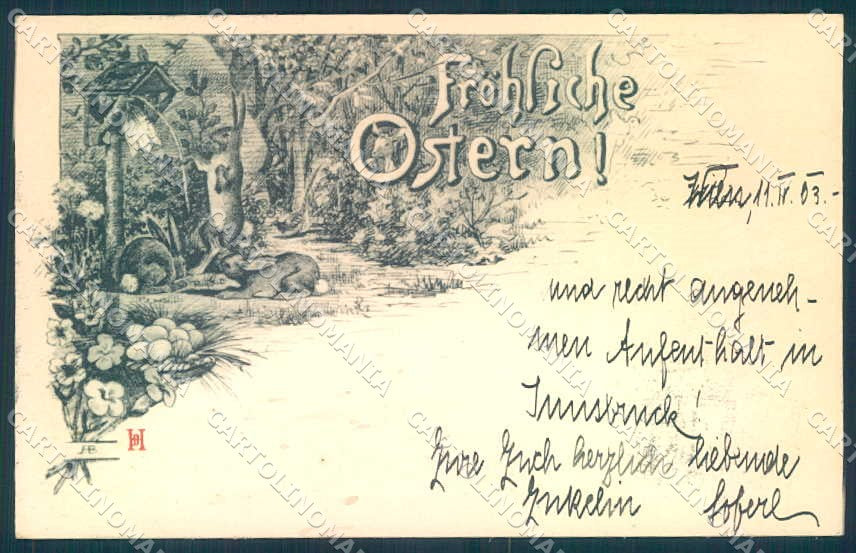 Artist Signed A.B. Easter Hare Egg Flower cartolina postcard TW2360 – fronte