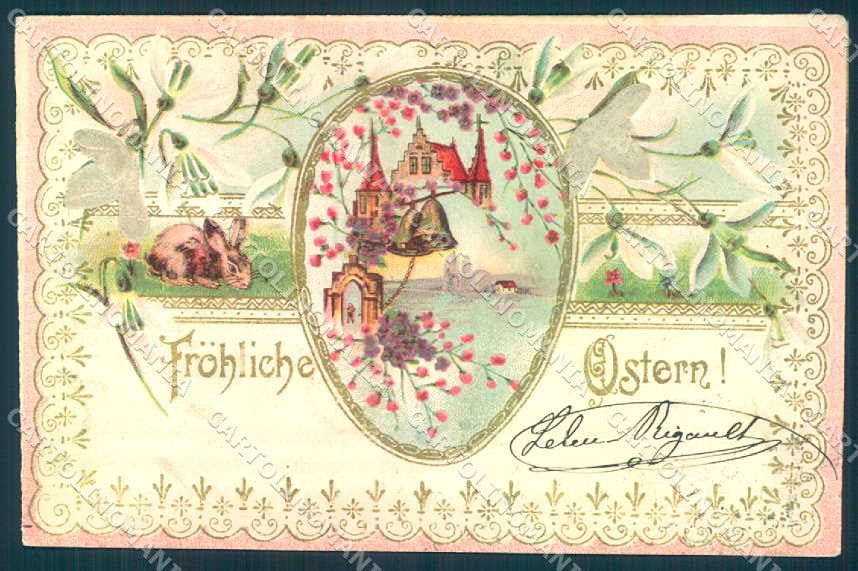 Greetings Easter Hare Egg Bell Flower Silk Relief cartolina postcard TW2366 – fronte