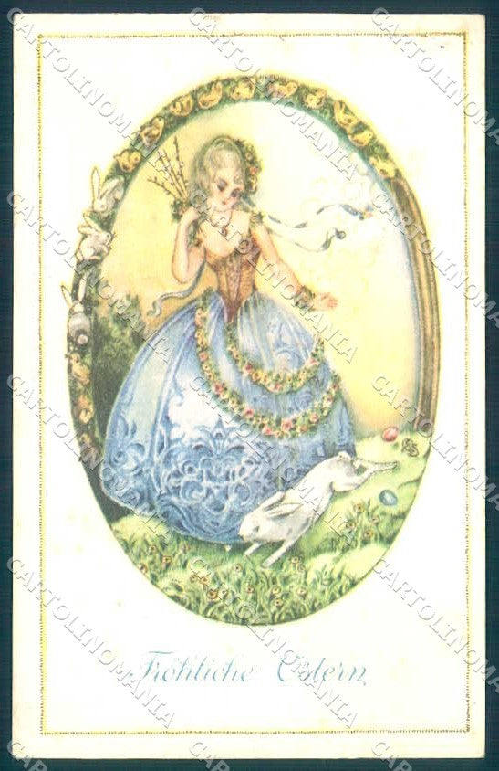 Greetings Erni Schob Posch Easter Lady Egg Hare Chick cartolina postcard TW2369 – fronte