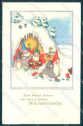 Greetings New Year Gnome Four Leaf Clover Horseshoe Erika 5322 postcard TW2371 – fronte