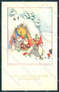 Greetings New Year Gnome Four Leaf Clover Horseshoe Erika 5322 postcard TW2375 – fronte