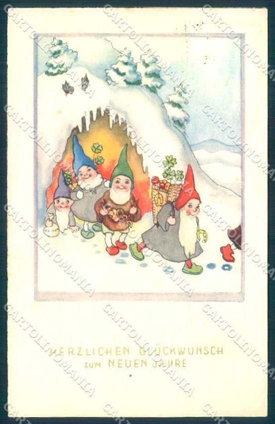 Greetings New Year Gnome Four Leaf Clover Horseshoe Erika 5322 postcard TW2375 – fronte