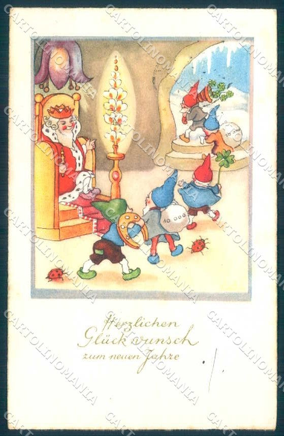 Greetings New Year King Gnome Ladybug Horseshoe Erika 5322 postcard TW2376 – fronte