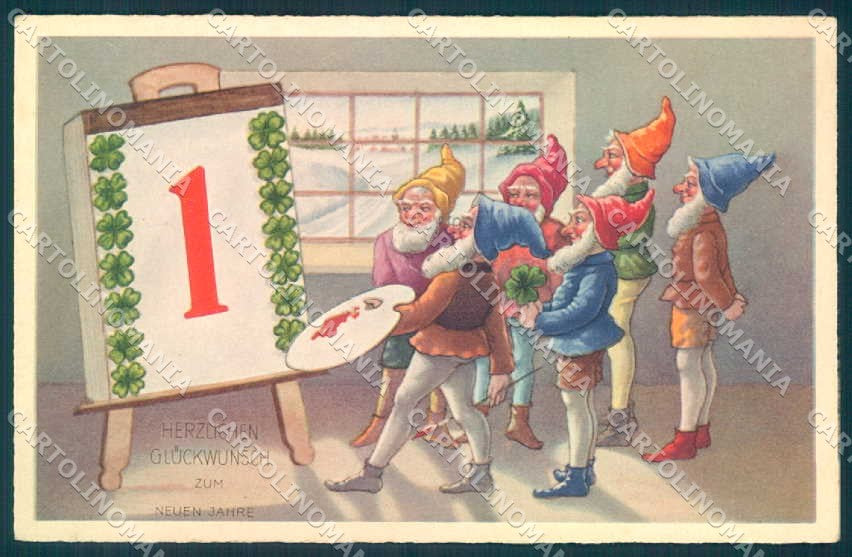 Greetings New Year Gnome Four Leaf Clover serie 412 cartolina postcard TW2379 – fronte