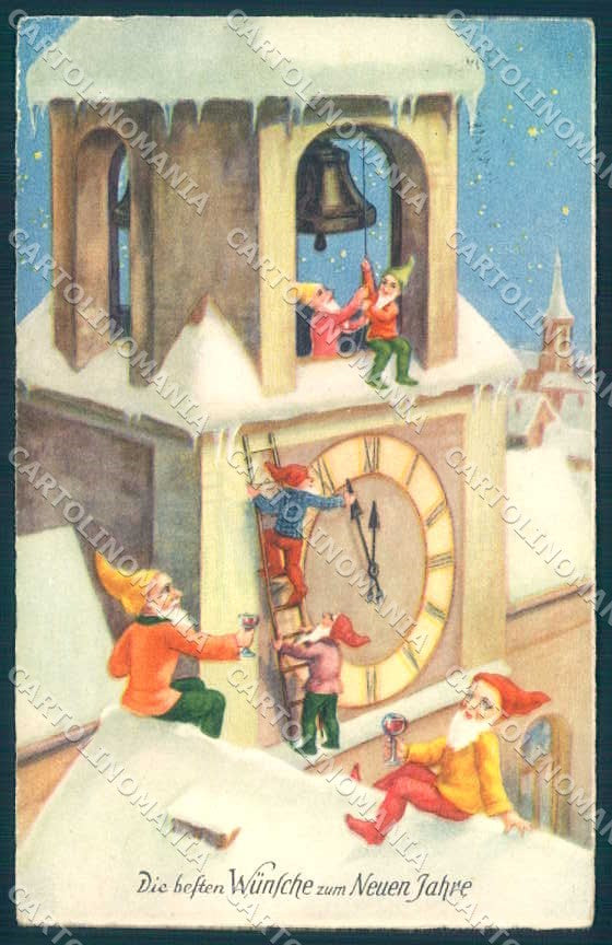 Greetings New Year Gnome Bell Tower Clock Erika 6209 cartolina postcard TW2384 – fronte