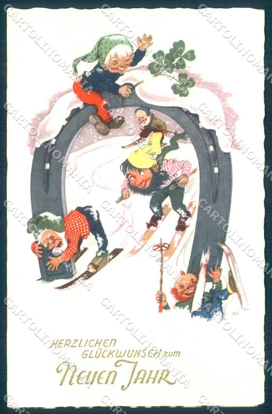 Artist Signed A.I. Gnome Skiing Horseshoe Four Leaf Clover serie 3069 pc TW2387 – fronte