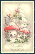 Greetings New Year Mushroom House Gnome Four Leaf Clover serie 4031 pc TW2390 – fronte