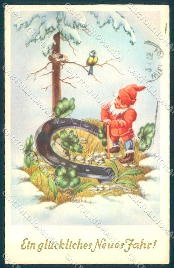 Greetings New Year Gnome Four Leaf Clover serie B-183 CORNER CREASE pc TW2392 – fronte