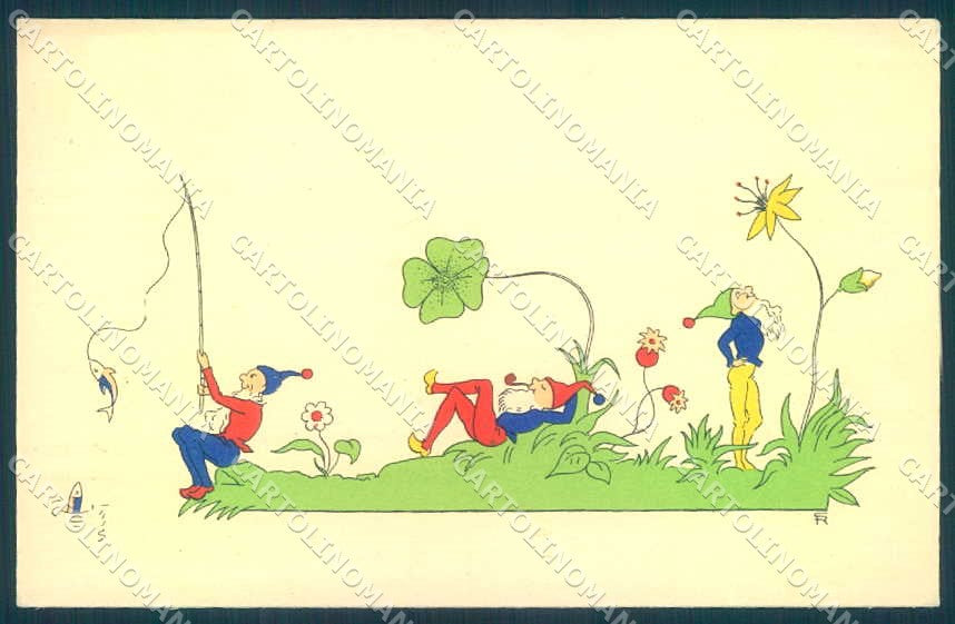 Artist Signed S.R. Gnome Fishing Four Leaf Clover cartolina postcard TW2396 – fronte