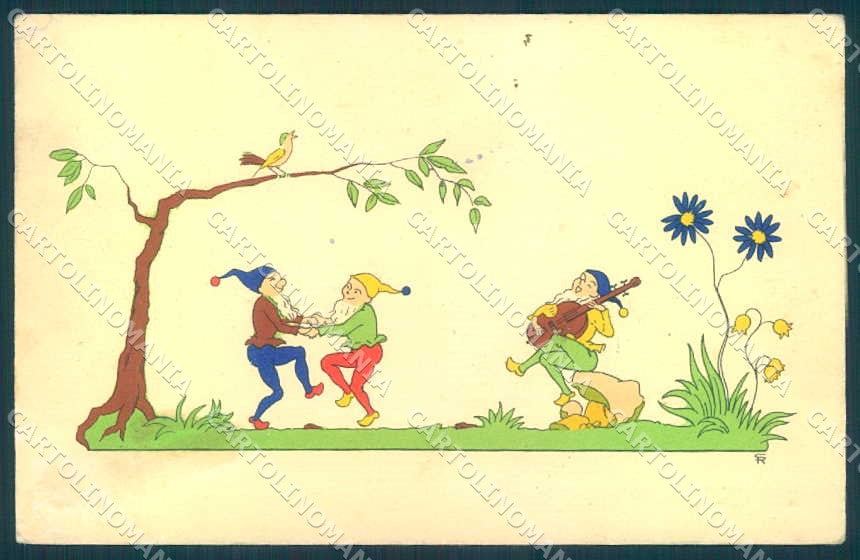 Artist Signed S.R. Gnome Playing Dancing cartolina postcard TW2397 – fronte