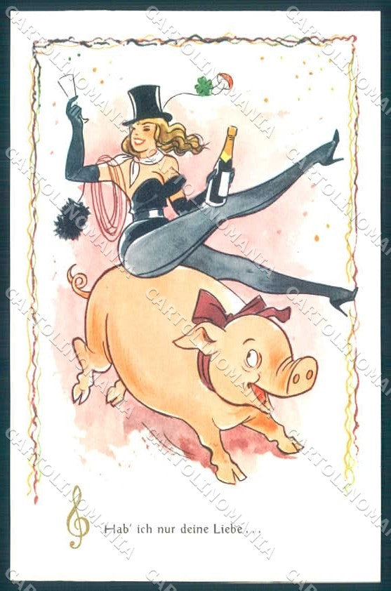 Greetings New Year Lady Chimney Sweep Pig Toasting serie 1529 postcard TW2402 – fronte