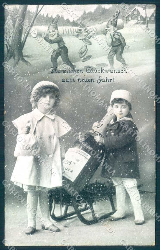 Greetings New Year Children Gnome Toasting Sleigh serie 108 postcard TW2403 – fronte