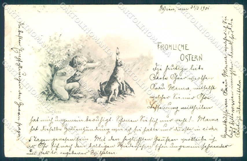 Greetings Easter Child Boy Hare Egg ESD serie 8080 cartolina postcard TW2405 – fronte