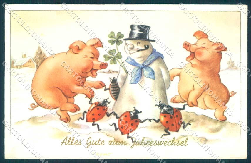 Greetings New Year Snowman Ladybug Pig Four Leaf Clover serie 690 pc TW2406 – fronte