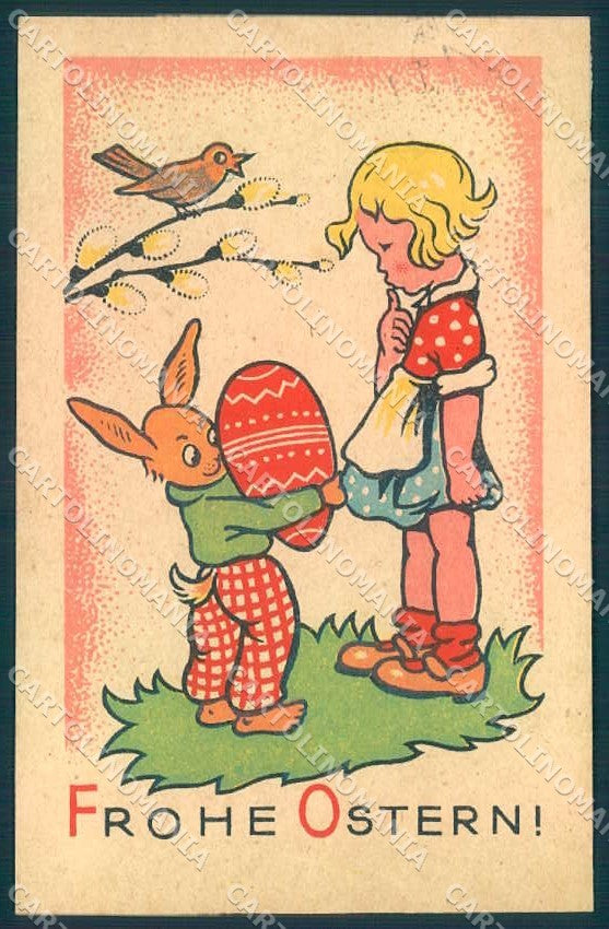 Greetings Easter Child Girl Egg Dressed Hare Hand Painted postcard TW2407 – fronte