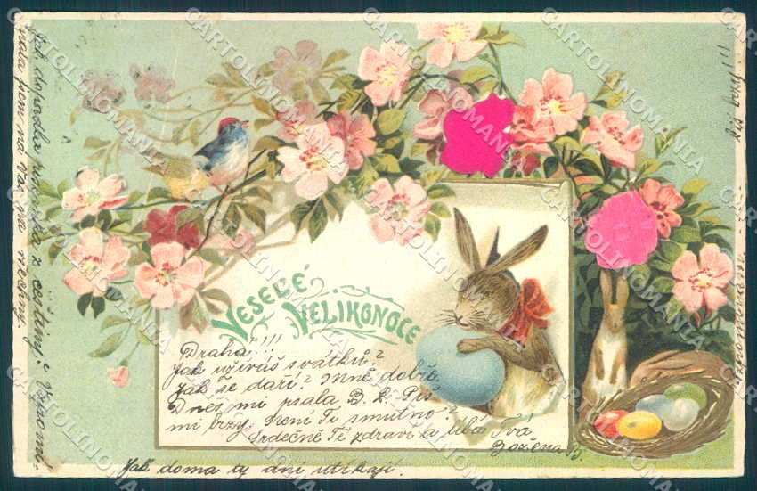 Greetings Easter Hare Egg Flower Silk Relief serie 218 cartolina postcard TW2408 – fronte