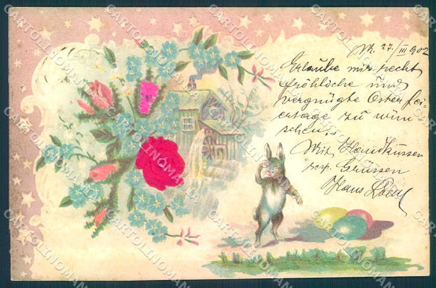 Greetings Easter Hare Egg Flower Silk Relief cartolina postcard TW2409 – fronte