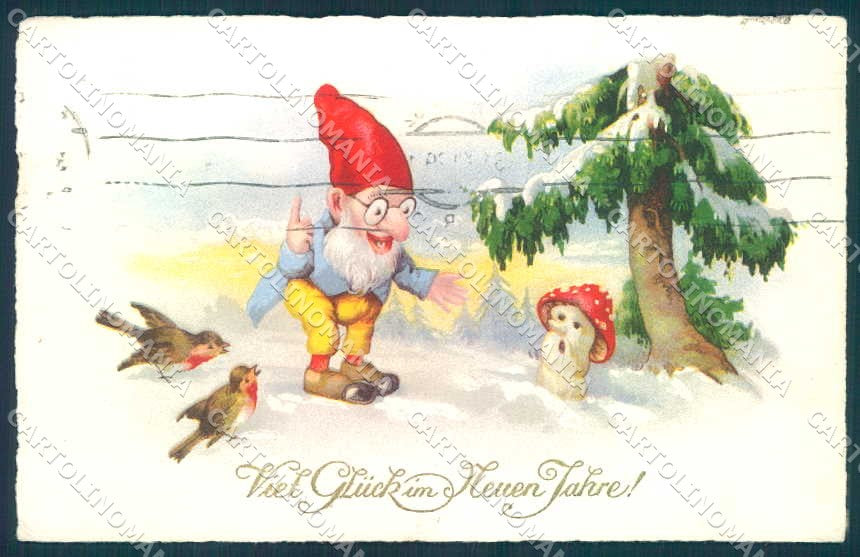Greetings New Year Gnome Mushroom Bird serie 8685 cartolina postcard TW2413 – fronte