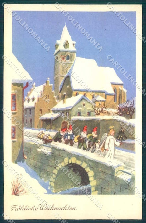 Greetings Christmas Angel Gnome Winter Landscape cartolina postcard TW2415 – fronte