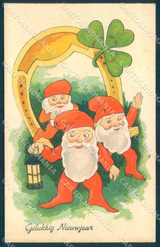 Greetings New Year Gnome Horseshoe Four Leaf Clover cartolina postcard TW2422 – fronte