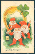 Greetings New Year Gnome Horseshoe Four Leaf Clover cartolina postcard TW2422 – fronte