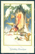 Greetings New Year Gnome Roe Horseshoe Four Leaf Clover Squirrel postcard TW2425 – fronte
