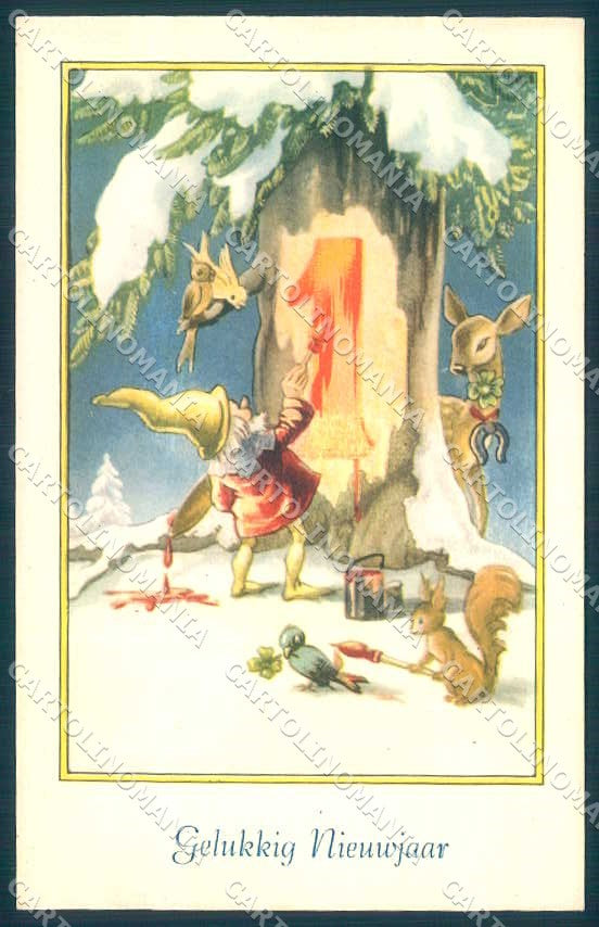 Greetings New Year Gnome Roe Horseshoe Four Leaf Clover Squirrel postcard TW2425 – fronte